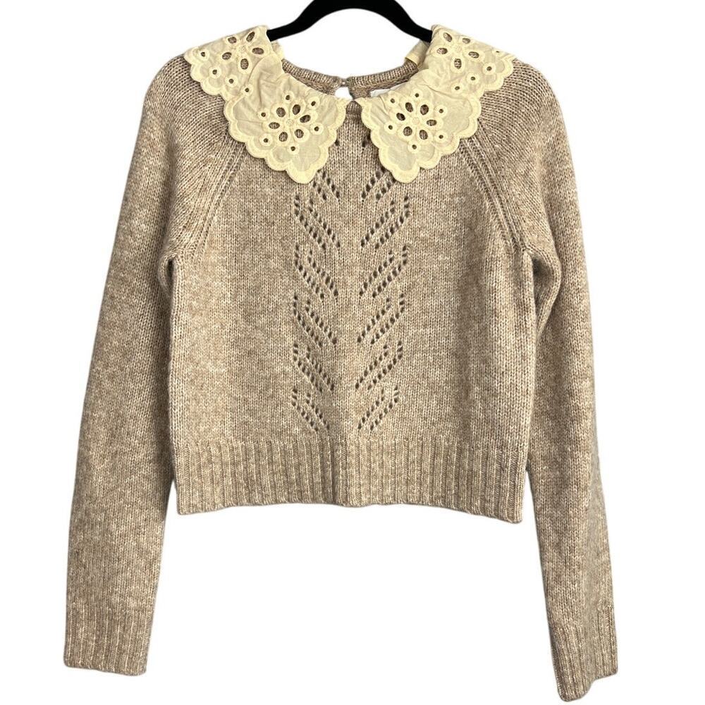 Astr Beige Knit Sweater with Cream Eyelet Peter Pan Collar